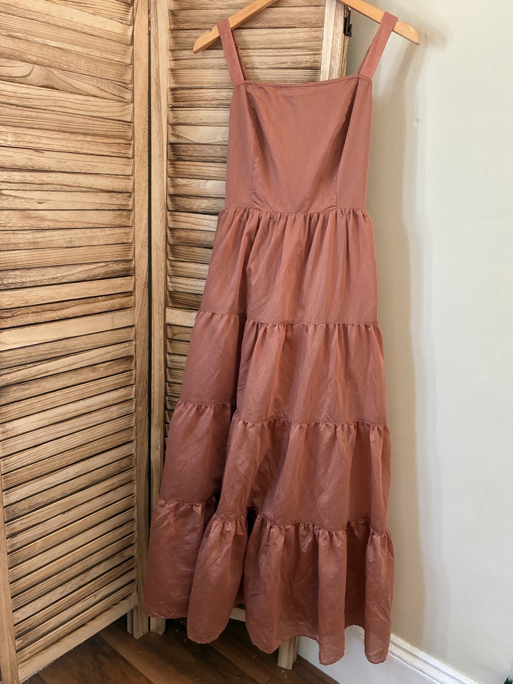 Melloday Boho Fall Mauve Pink Tiered Maxi Dress Smocked Back Pockets Small
